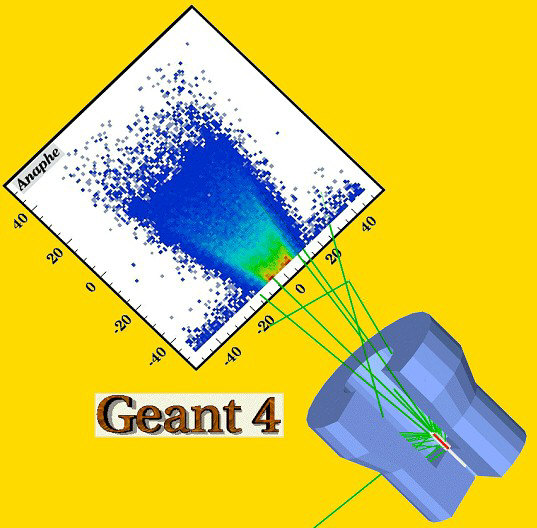 A dose distribution from a radioactive source, simulated with Geant4: the 2D histogram is produced with AIDA and Anaphe