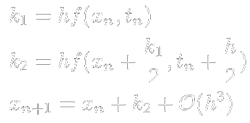 Sistema di equazioni:
           prima equazione: kappa1 uguale h per f di xn virgola tn  
           seconda equazione: kappa2 uguale h per f di xn più kappa1 mezzi virgola tn più h mezzi
           terza equazione: xn più 1 uguale xn più kappa2 più
           termini di ordine h al cubo e superiori
