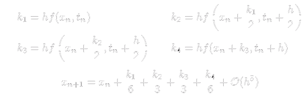 Sistema di equazioni:
   prima equazione: kappa1 uguale h per f di xn virgola tn  
   seconda equazione: kappa2 uguale h per f di xn più kappa1 mezzi virgola tn più h mezzi
   terza equazione: kappa3 uguale h per f di xn più kappa2 mezzi virgola tn più h mezzi
   quarta equazione: kappa4 uguale h per f di xn più kappa3 virgola tn più h 
   quinta equazione: xn più 1 uguale xn 
             più 
             kappa1 sesti più
             kappa2 terzi più
             kappa3 quarti più
             kappa4 sesti più
           termini di ordine h alla quinta e superiori